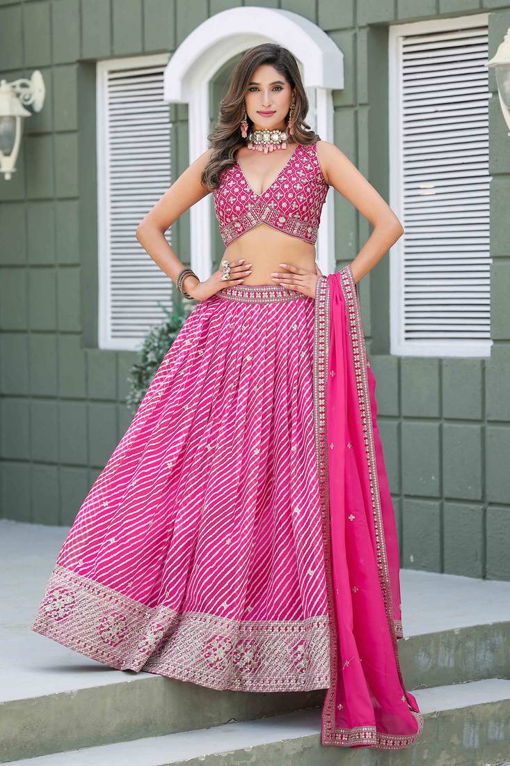 Rani Pink Tabby Silk Print With Heavy Thread Embroidery Sequins Work Lehenga Choli