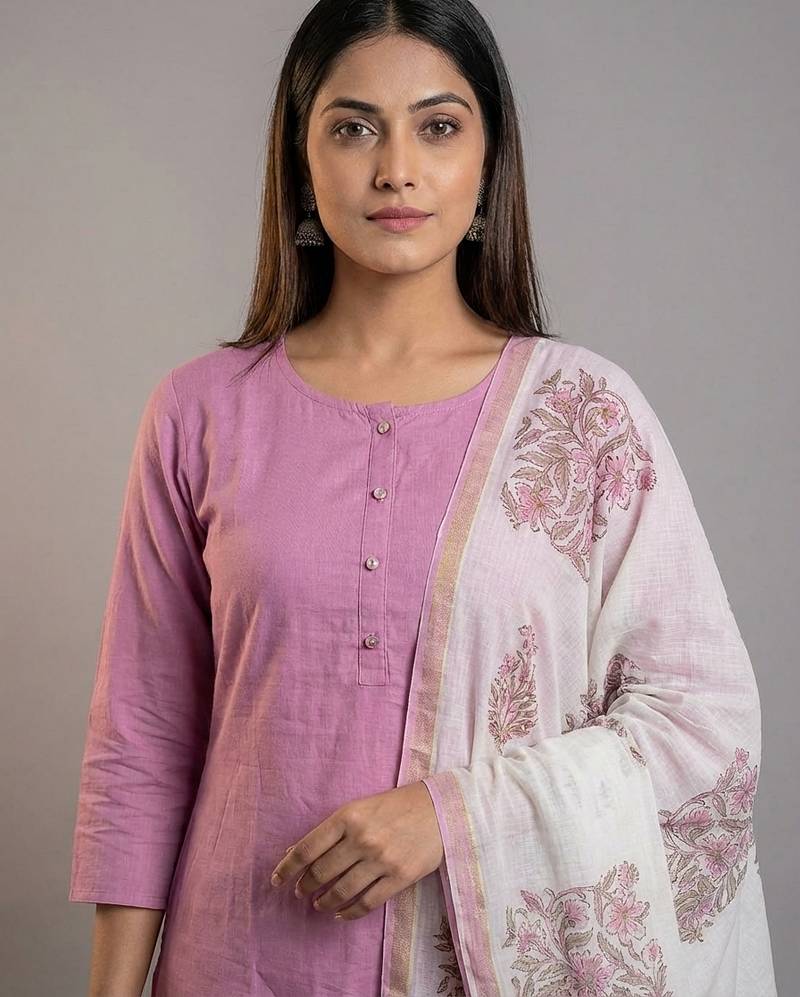 mauve silk blend straight kurta pant with handblock print kota doriya dupatta set