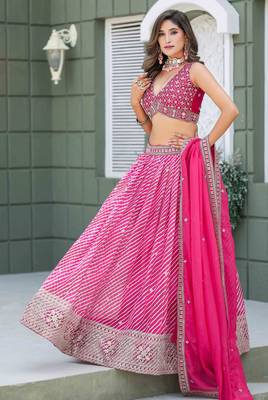 Rani Pink Tabby Silk Print With Heavy Thread Embroidery Sequins Work Lehenga Choli 2
