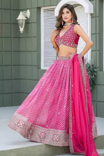 Rani Pink Tabby Silk Print With Heavy Thread Embroidery Sequins Work Lehenga Choli