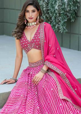 Rani Pink Tabby Silk Print With Heavy Thread Embroidery Sequins Work Lehenga Choli 3