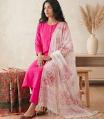 pink silk blend straight kurta pant with handblock print kota doriya dupatta set