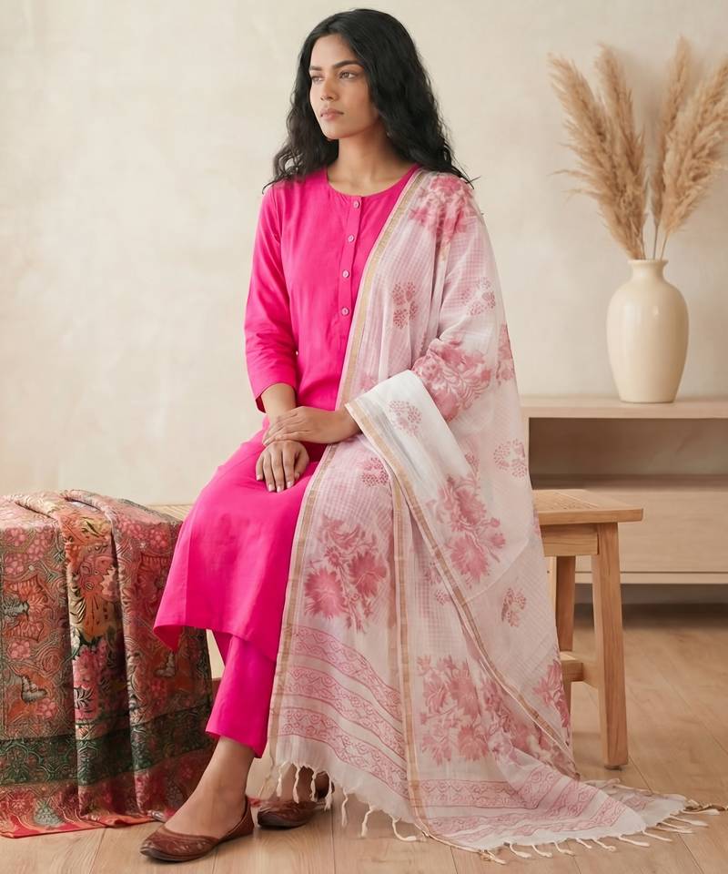 pink silk blend straight kurta pant with handblock print kota doriya dupatta set