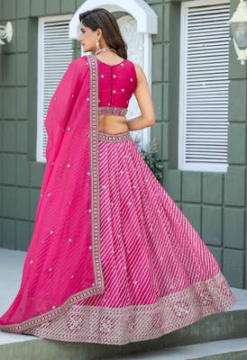 Rani Pink Tabby Silk Print With Heavy Thread Embroidery Sequins Work Lehenga Choli 4