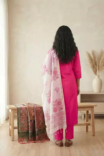 pink silk blend straight kurta pant with handblock print kota doriya dupatta set