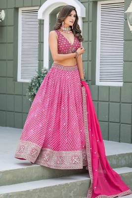 Rani Pink Tabby Silk Print With Heavy Thread Embroidery Sequins Work Lehenga Choli 5