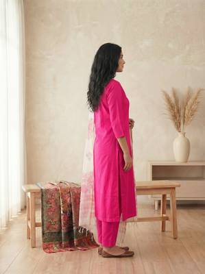 pink silk blend straight kurta pant with handblock print kota doriya dupatta set 5