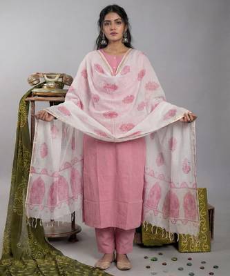 peach silk blend straight kurta pant with handblock print kota doriya dupatta set 1
