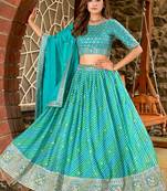 Turquoise Tabby Silk Print With Heavy Thread Embroidery Sequins Work Lehenga Choli