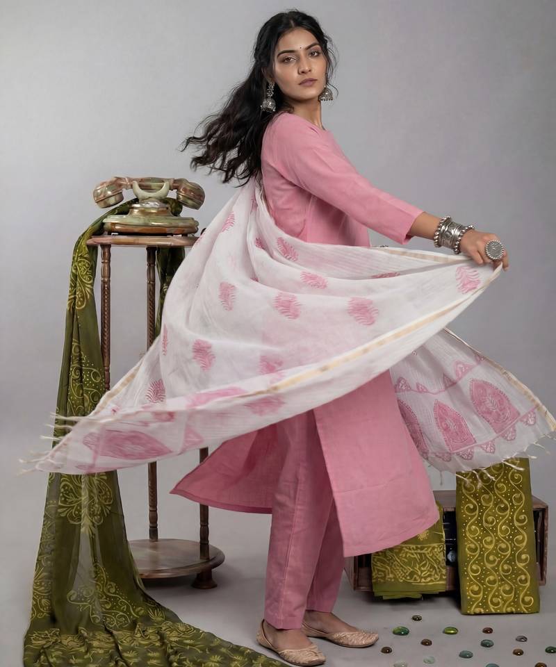 peach silk blend straight kurta pant with handblock print kota doriya dupatta set