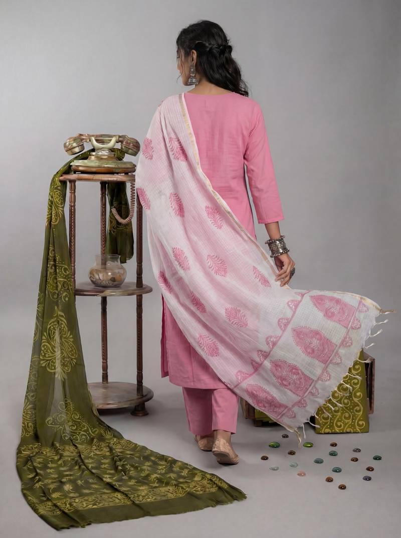 peach silk blend straight kurta pant with handblock print kota doriya dupatta set