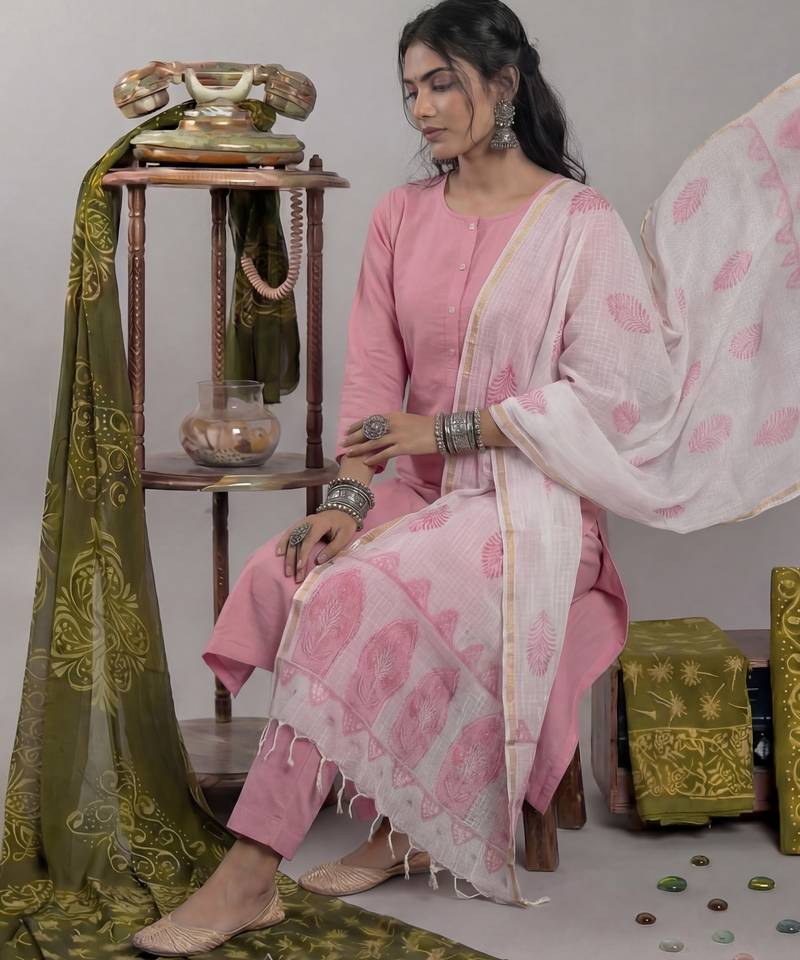 peach silk blend straight kurta pant with handblock print kota doriya dupatta set