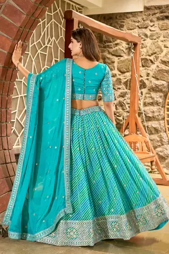 Turquoise Tabby Silk Print With Heavy Thread Embroidery Sequins Work Lehenga Choli