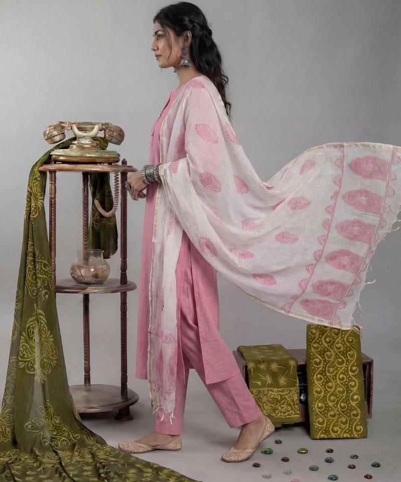 peach silk blend straight kurta pant with handblock print kota doriya dupatta set
