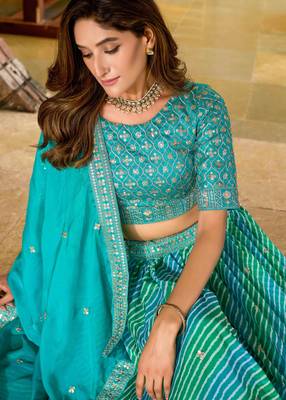 Turquoise Tabby Silk Print With Heavy Thread Embroidery Sequins Work Lehenga Choli 4