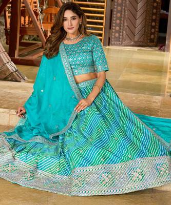 Turquoise Tabby Silk Print With Heavy Thread Embroidery Sequins Work Lehenga Choli 5