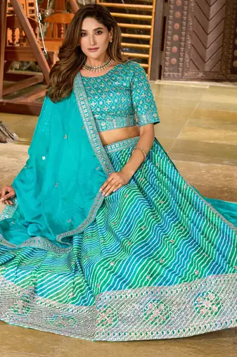 Turquoise Tabby Silk Print With Heavy Thread Embroidery Sequins Work Lehenga Choli