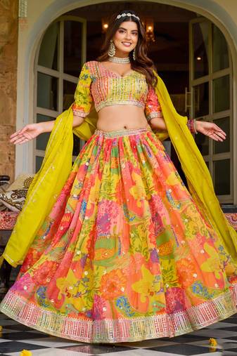 Multicolor Tabby Silk Print With Heavy Thread Embroidery Sequins Work Lehenga Choli