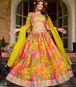 Multicolor Tabby Silk Print With Heavy Thread Embroidery Sequins Work Lehenga Choli