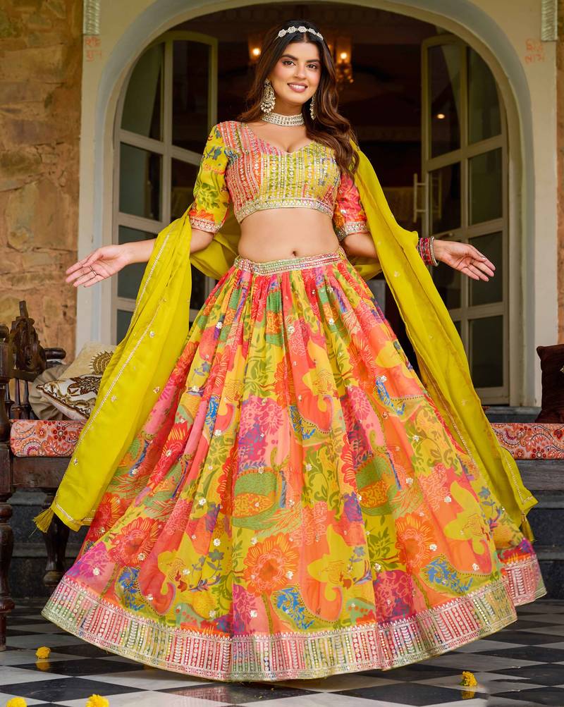 Multicolor Tabby Silk Print With Heavy Thread Embroidery Sequins Work Lehenga Choli