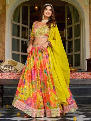 Multicolor Tabby Silk Print With Heavy Thread Embroidery Sequins Work Lehenga Choli 2