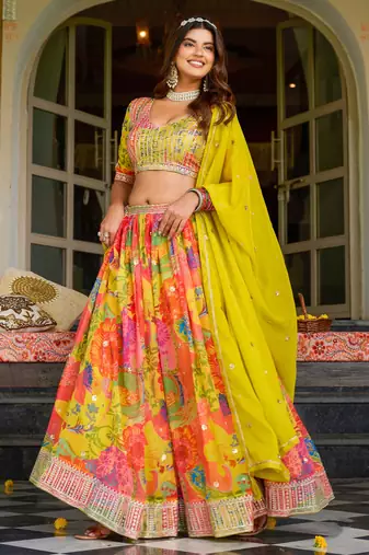 Multicolor Tabby Silk Print With Heavy Thread Embroidery Sequins Work Lehenga Choli