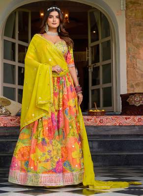 Multicolor Tabby Silk Print With Heavy Thread Embroidery Sequins Work Lehenga Choli 3
