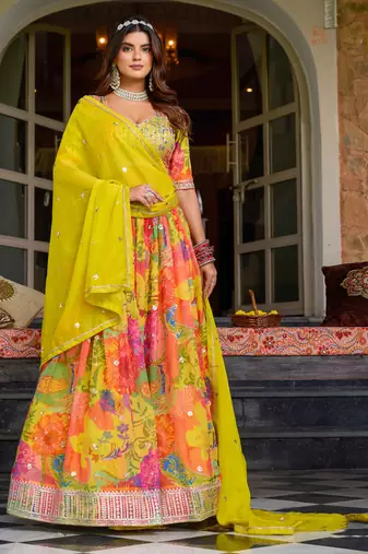 Multicolor Tabby Silk Print With Heavy Thread Embroidery Sequins Work Lehenga Choli