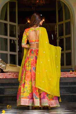 Multicolor Tabby Silk Print With Heavy Thread Embroidery Sequins Work Lehenga Choli 4