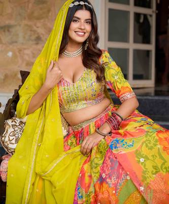 Multicolor Tabby Silk Print With Heavy Thread Embroidery Sequins Work Lehenga Choli 5