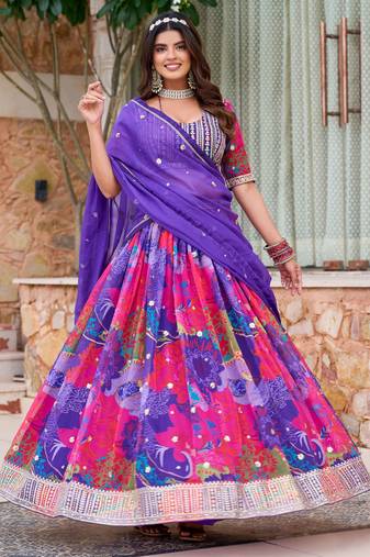 Multicolor Tabby Silk Print With Heavy Thread Embroidery Sequins Work Lehenga Choli
