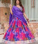 Multicolor Tabby Silk Print With Heavy Thread Embroidery Sequins Work Lehenga Choli