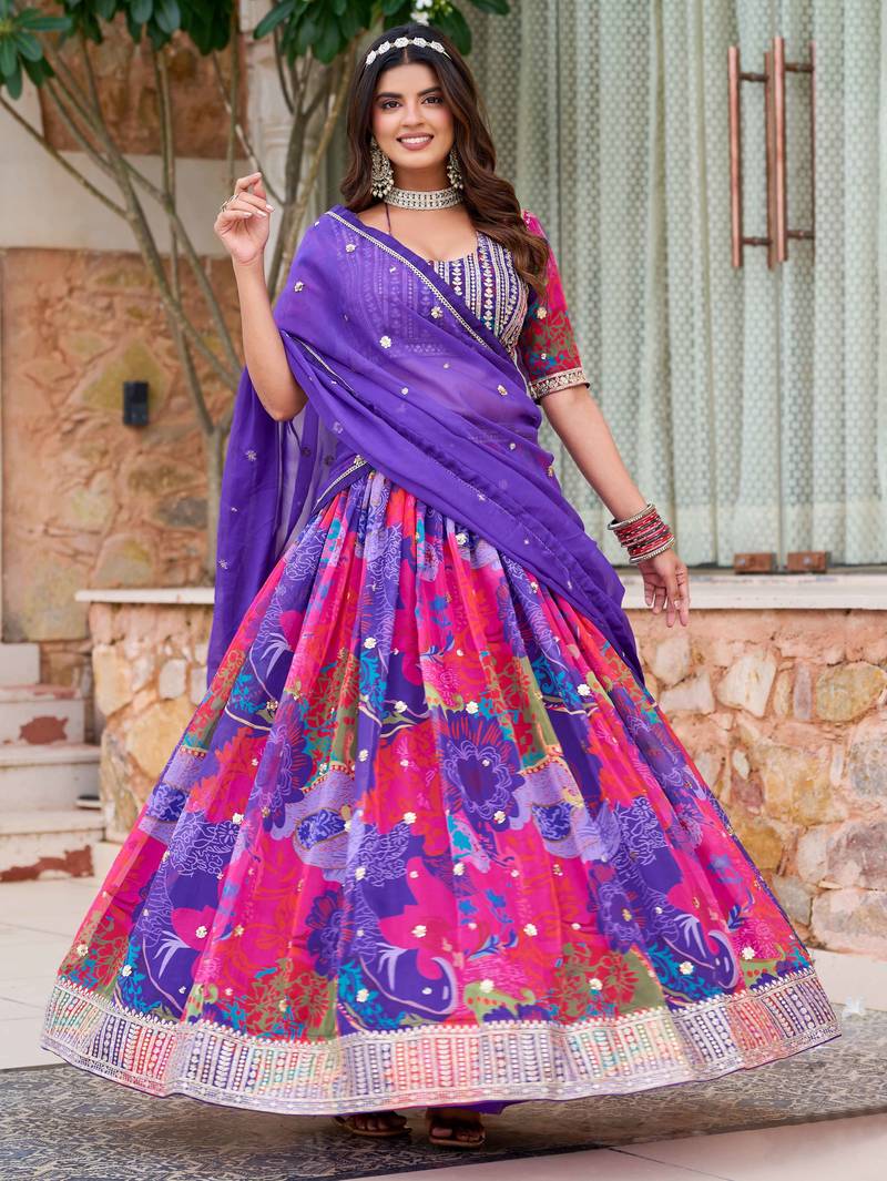 Multicolor Tabby Silk Print With Heavy Thread Embroidery Sequins Work Lehenga Choli