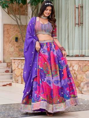 Multicolor Tabby Silk Print With Heavy Thread Embroidery Sequins Work Lehenga Choli 3