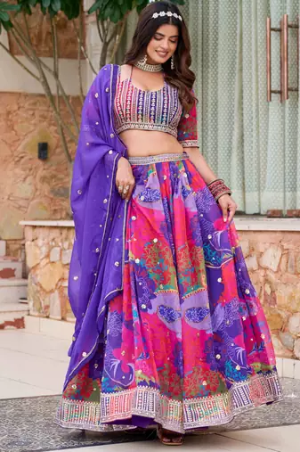 Multicolor Tabby Silk Print With Heavy Thread Embroidery Sequins Work Lehenga Choli
