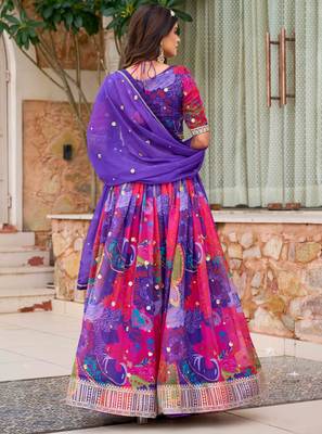 Multicolor Tabby Silk Print With Heavy Thread Embroidery Sequins Work Lehenga Choli 4