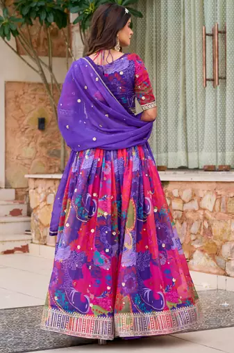 Multicolor Tabby Silk Print With Heavy Thread Embroidery Sequins Work Lehenga Choli