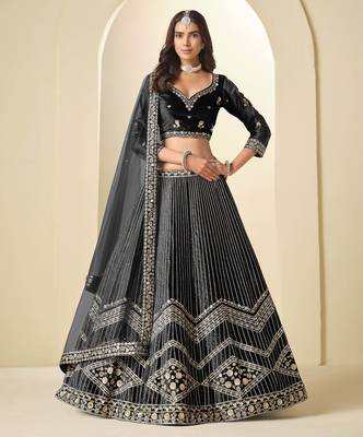 Black Ice Velvet Heavy Thread Embroidery Sequins Work Lehenga Choli 1
