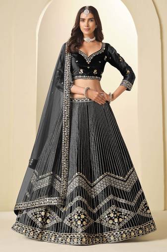 Black Ice Velvet Heavy Thread Embroidery Sequins Work Lehenga Choli
