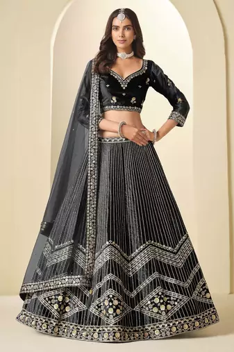 Black Ice Velvet Heavy Thread Embroidery Sequins Work Lehenga Choli