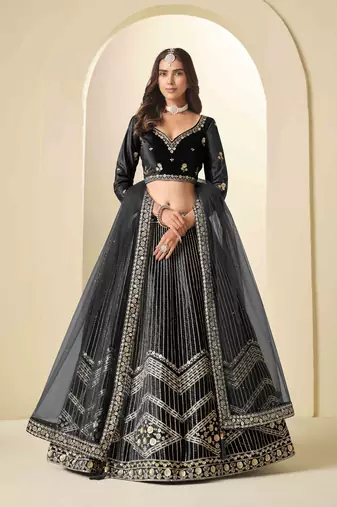 Black Ice Velvet Heavy Thread Embroidery Sequins Work Lehenga Choli