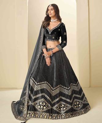 Black Ice Velvet Heavy Thread Embroidery Sequins Work Lehenga Choli 3