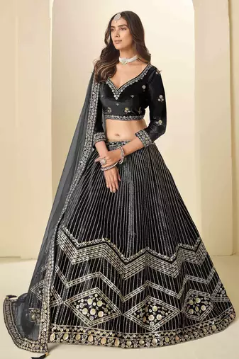 Black Ice Velvet Heavy Thread Embroidery Sequins Work Lehenga Choli