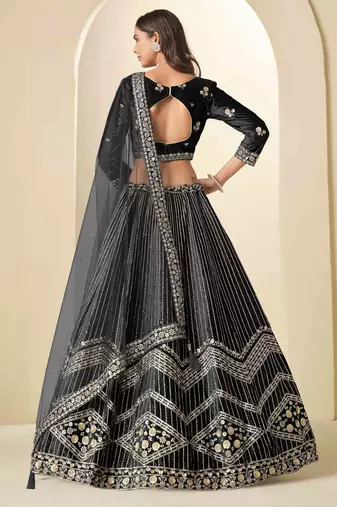 Black Ice Velvet Heavy Thread Embroidery Sequins Work Lehenga Choli