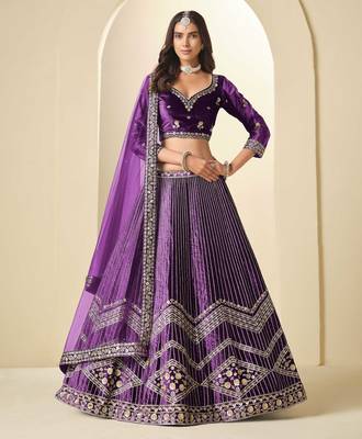 Purple Ice Velvet Heavy Thread Embroidery Sequins Work Lehenga Choli 1