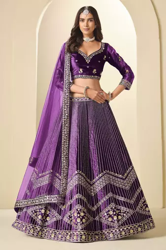 Purple Ice Velvet Heavy Thread Embroidery Sequins Work Lehenga Choli