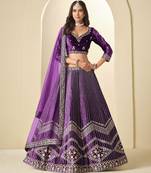 Purple Ice Velvet Heavy Thread Embroidery Sequins Work Lehenga Choli