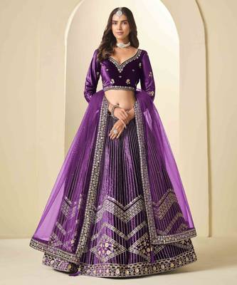 Purple Ice Velvet Heavy Thread Embroidery Sequins Work Lehenga Choli 2