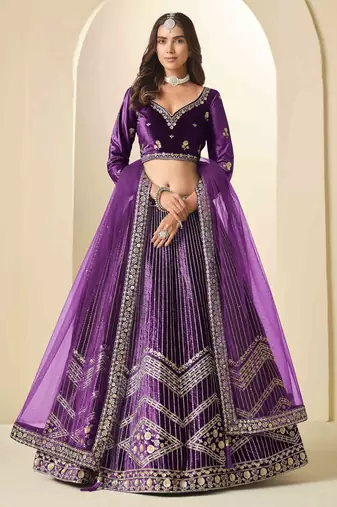 Purple Ice Velvet Heavy Thread Embroidery Sequins Work Lehenga Choli
