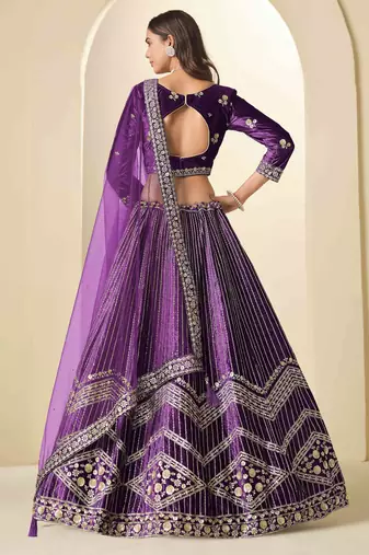 Purple Ice Velvet Heavy Thread Embroidery Sequins Work Lehenga Choli